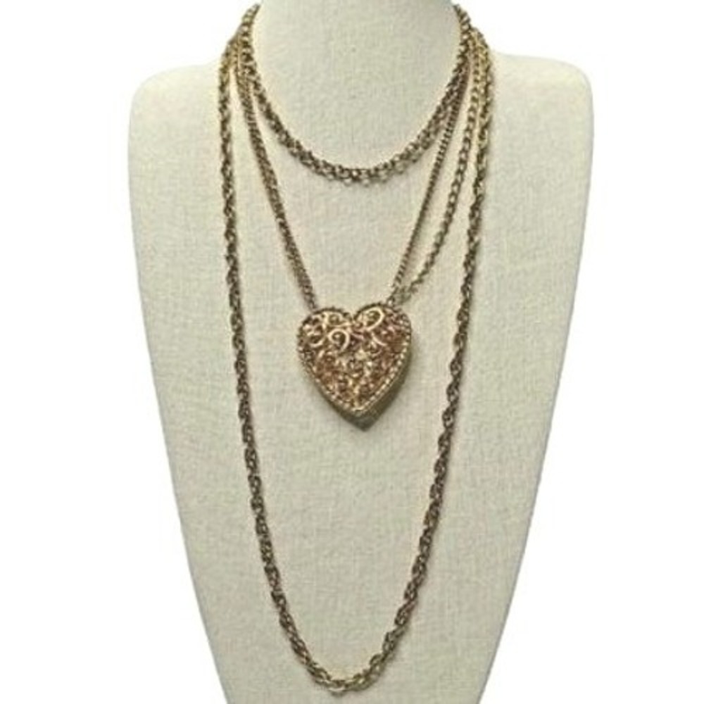 Vintage Gold Tone Necklace Multi Strands Puffy Heart Statement